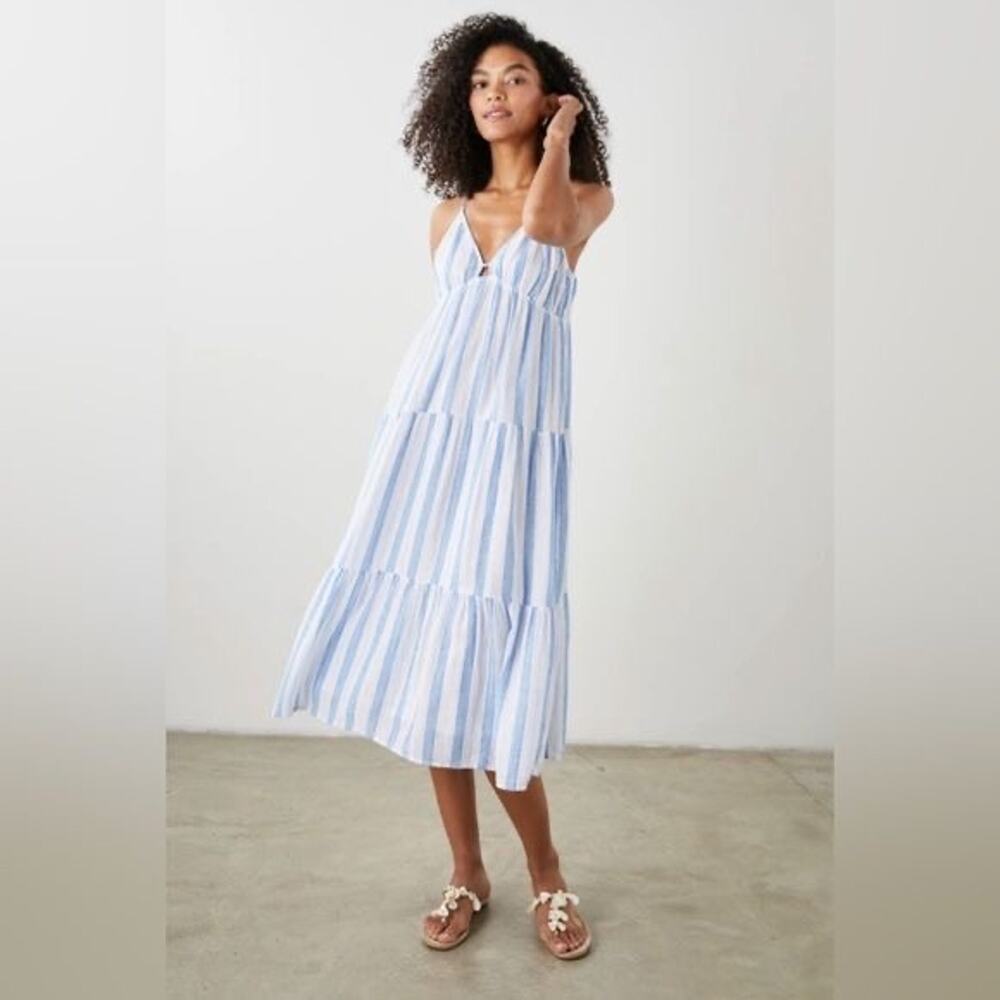 Rails Avril Gibson Stripe Midi Spaghetti Strap Linen Dress‎ Blue Size Medium